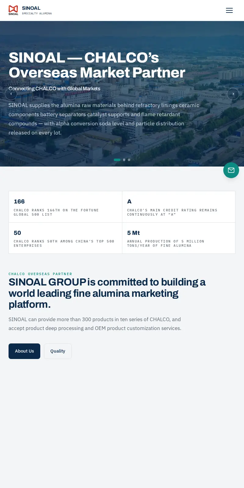 sinoal.cn 截图 · 特种氧化铝 SINOAL